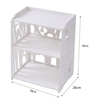 White 3-shelf bedside table with decorative cutout panels and open lower shelves