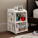 White rustic bedside table with decorative cutout sides and open 3-tier shelves