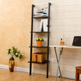 Rustic black ladder-style wall shelf with four open tiers for books and decor