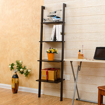 Rustic black ladder-style wall shelf with four open tiers for books and decor