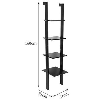 Black four-tier ladder shelf with dimensions shown: 160cm tall, 31cm deep, 34cm wide