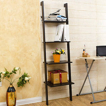 Black ladder-style wall shelf with four open tiers holding books and potted flowers