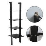 Black four-tier ladder shelf with open tiers, shown with front and side views