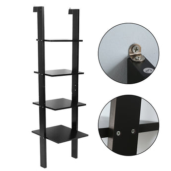 Black four-tier ladder shelf with open tiers, shown with front and side views