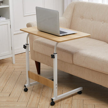 Maple wood laptop desk on rolling base with side switch brackets and lower storage shelf