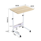 Maple wood movable laptop desk with dimensions shown for tabletop, height, and base width