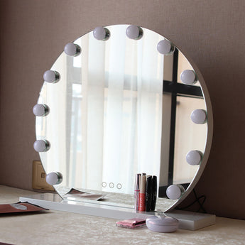 Frameless round Hollywood makeup mirror with LED bulbs, on light base
