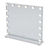 Hollywood LED vanity mirror with round bulbs and touch dimmer controls, white frame