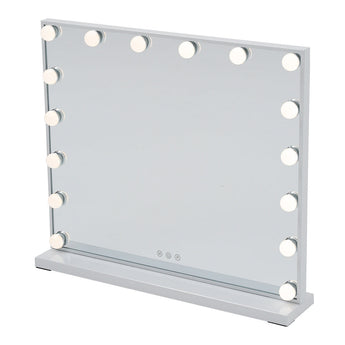 Hollywood LED vanity mirror with round bulbs and touch dimmer controls, white frame