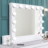 White vanity makeup mirror with round bulbs, centered rectangular glass panel