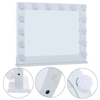 White tabletop makeup mirror with clear glass and round bulb light border