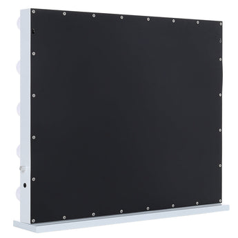 Black reflective makeup mirror panel with round bulbs and white side frame