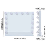 White tabletop mirror with bulbs; dimensions show 80cm width