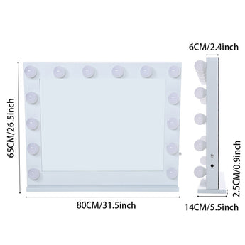 White tabletop mirror with bulbs; dimensions show 80cm width