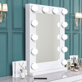 Makeup mirror with white frame and row of round LED-style bulbs for tabletop