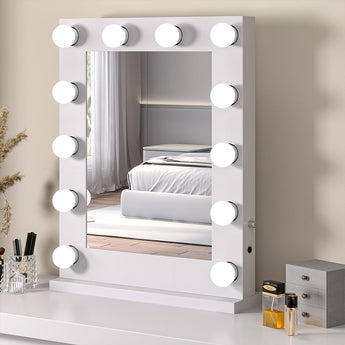 White illuminated makeup mirror with round bulbs on the inner frame border