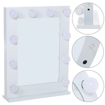 White tabletop mirror with bulb lights and close-up style view of corner details