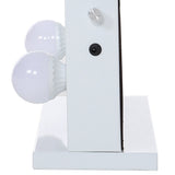 Close-up of white mirror stand and bulb mount with cable outlet at back
