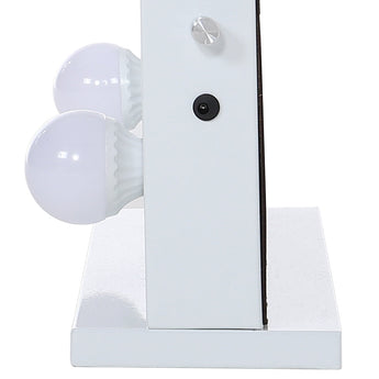 Close-up of white mirror stand and bulb mount with cable outlet at back