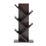 Dark wooden tree bookshelf with three open angled tiers and flat base