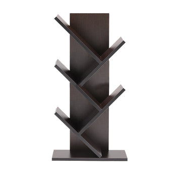 Dark wooden tree bookshelf with three open angled tiers and flat base