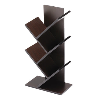 Wooden tree bookshelf with curved back panel, three open shelves, dark finish