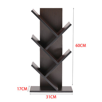Tree-style wooden floor bookshelf, 60cm high, 31cm wide; angled shelves and base shown