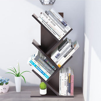 Tree-style freestanding floor bookshelf with angled wooden shelves, dark brown