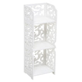 White 3-tier open bookcase with corner posts and carved openwork side panels
