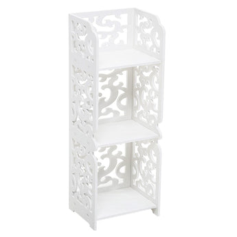 White 3-tier open bookcase with corner posts and carved openwork side panels