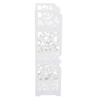 White 3-tier bookcase showing narrow side panel with ornate openwork cutouts