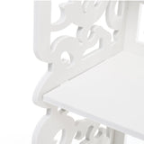 White open shelf with decorative scroll cutout supports and slatted design