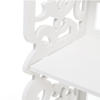 White open shelf with decorative scroll cutout supports and slatted design