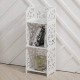 White 3-tier storage stand with openwork floral cutout sides and bottom shelf