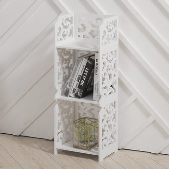 White 3-tier storage stand with openwork floral cutout sides and bottom shelf