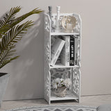 White open 3-tier shelving unit with decorative cutout lattice panels