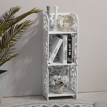White open 3-tier shelving unit with decorative cutout lattice panels