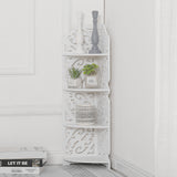 White 4-tier corner plant display stand with decorative cutout shelves.
