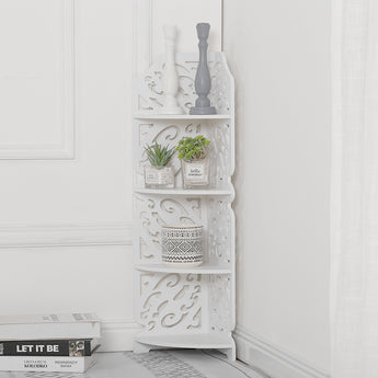 White 4-tier corner plant display stand with decorative cutout shelves.