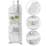 White 4-tier corner plant stand with decorative side openings and shelves.