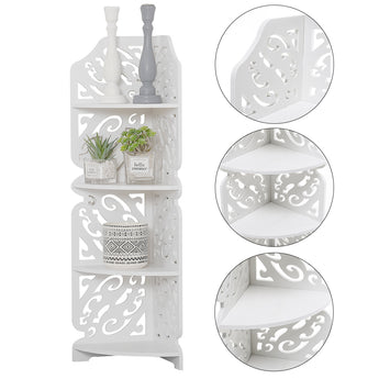 White 4-tier corner plant stand with decorative side openings and shelves.