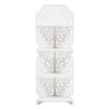White 4-tier corner display stand, showing front corner shelves and cutout detail.