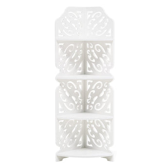 White 4-tier corner display stand, showing front corner shelves and cutout detail.
