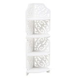 White 4-tier corner display stand with open sides and decorative cutouts.
