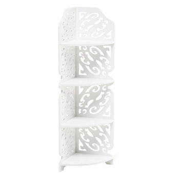 White 4-tier corner display stand with open sides and decorative cutouts.