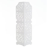Back view of a white 4-tier corner plant display stand with ornate cutout panels.