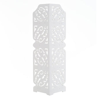 Back view of a white 4-tier corner plant display stand with ornate cutout panels.