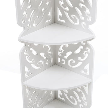 Close-up of a tiered shelf inside the white corner plant display stand.