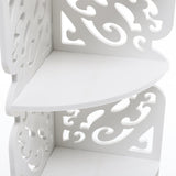 Middle shelves of the white 4-tier corner display stand with cutout panels.