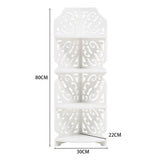 White 4-tier corner stand dimensions: 80 cm high, 30 cm wide, 22 cm deep.
